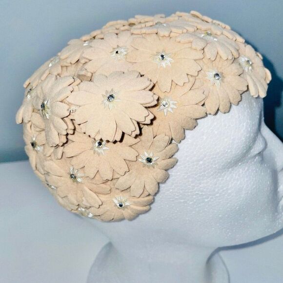 Vintage 50s Crown Beige Hat Floral Pearls Wedding Dance Costume Theatre